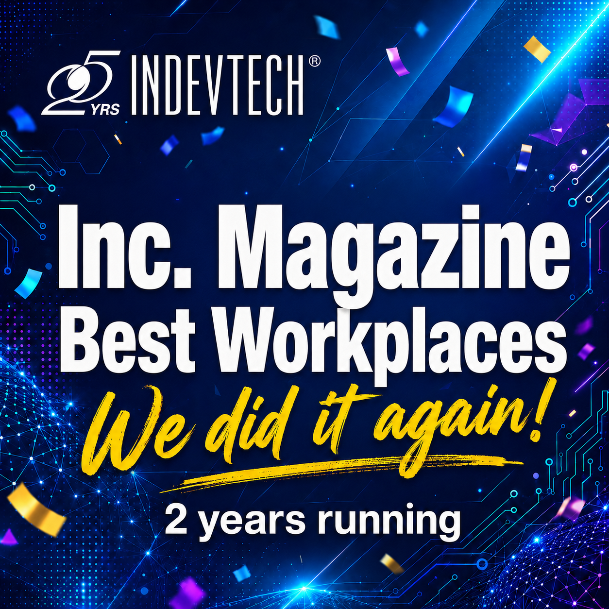 Inc. Best Workplaces 2026 Honoree badge with the Indevtech 25 Years logo and silhouettes of team members in aloha shirts